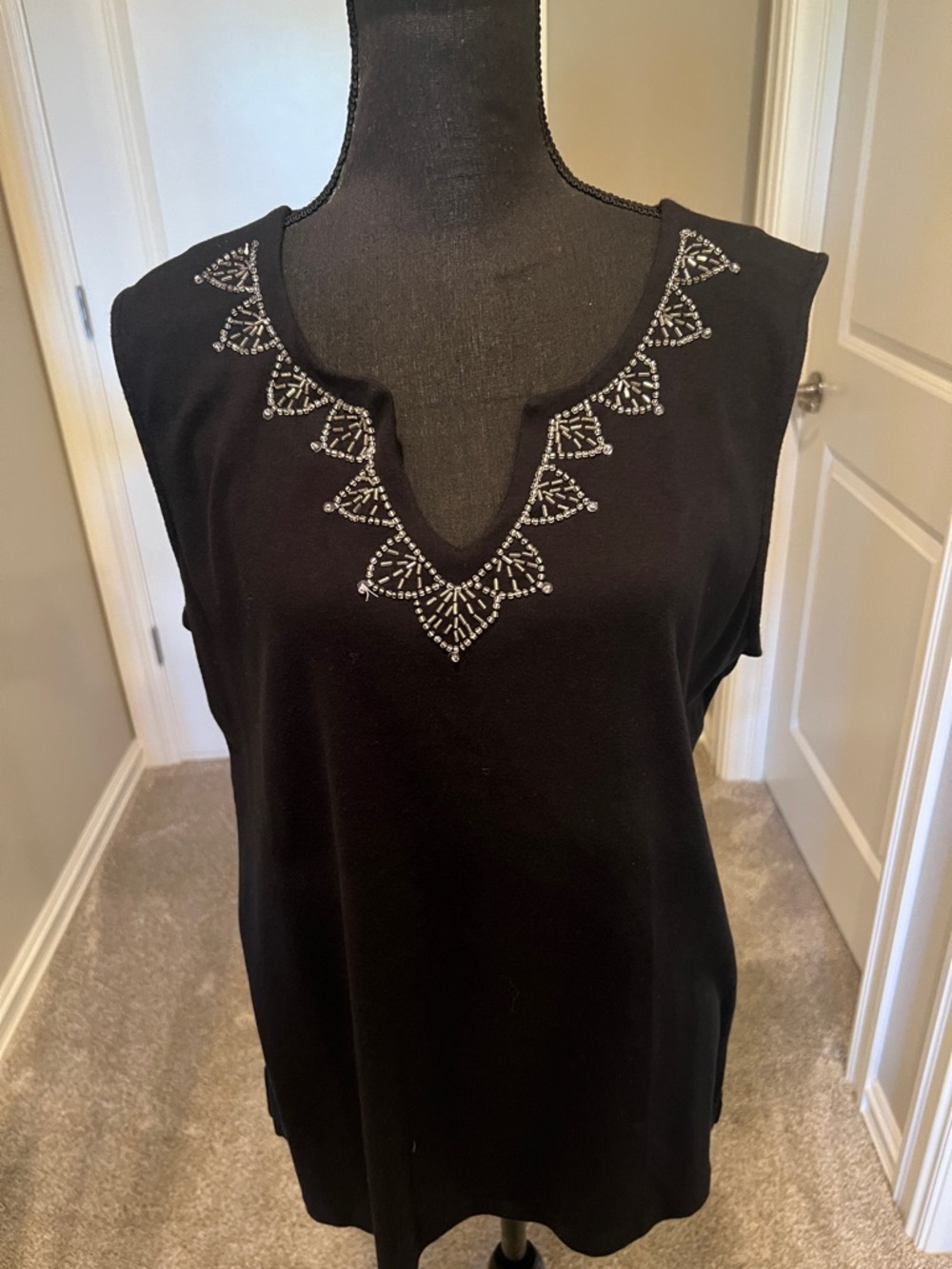 Karen Scott Black Tank with Silver Beaded V-Neck